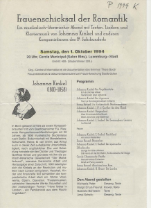 Konzertprogramm zu Johanna Kinkel © Archiv Frau und Musik