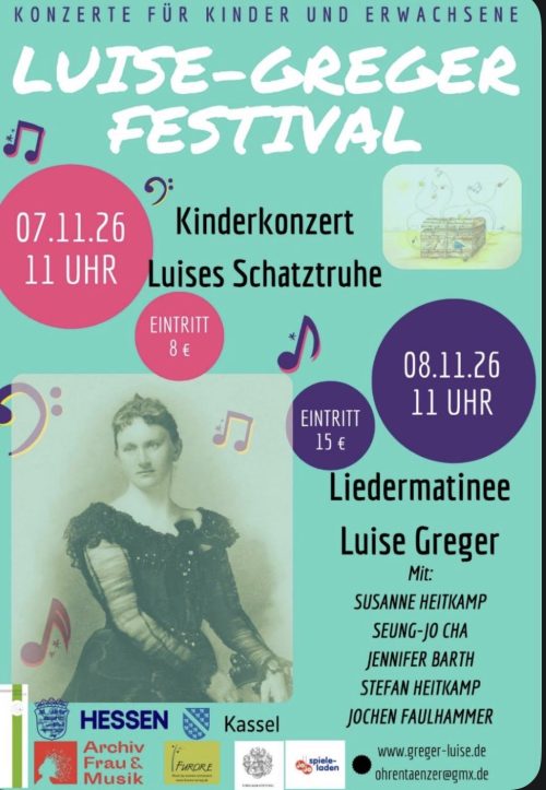 Veranstaltungsplakat mit Bild von Luise Greger und den Daten zum Kinderkonzert und zur Liedermatinee.