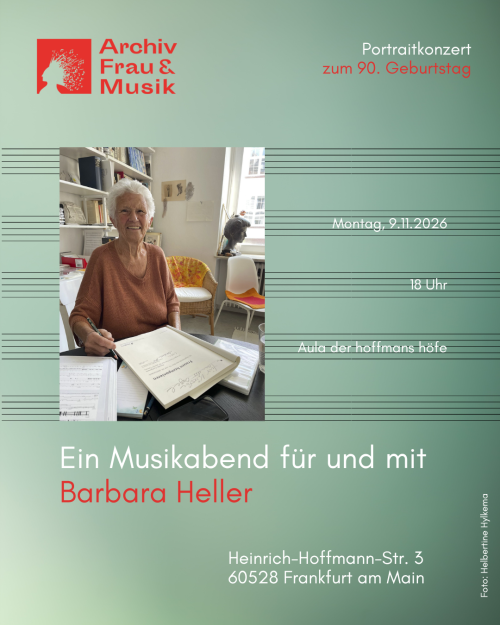 Grünes Plakat mit Einladung zu dem Konzert am 9.11. in der Aula der hoffmanns höfe. Zu sehen ist der Einladungstext und ein Foto von Barbara Heller.