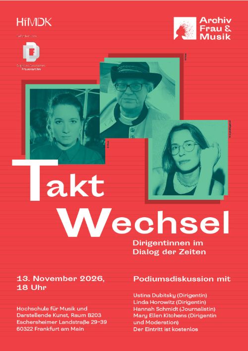 Plakat der Podiumsdiskussion auf rotem Grund mit Fotos der drei Gästinnen sowie Veranstaltungsinfos.